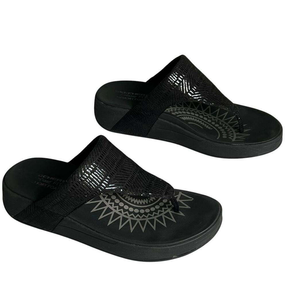 Skechers Retrogrades Sandals Women 10 Black Suede Relaxed Metallic Comfort Shoes - Picture 4 of 14